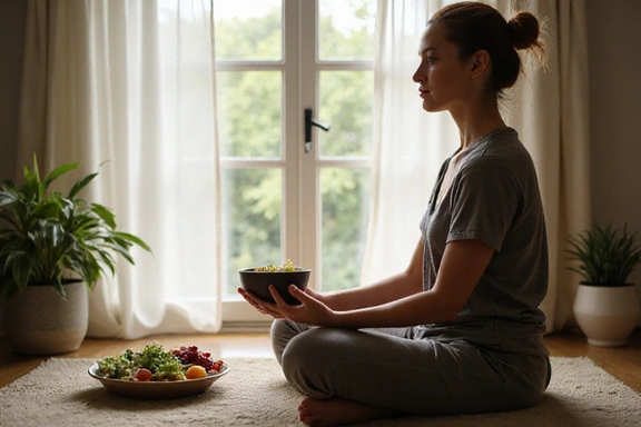 Image of a person meditating or engaging in mindful eating, symbolizing the connection between mind and food.