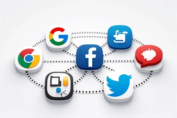 Ilustración de múltiples iconos de aplicaciones conectadas por líneas, representando cookies de terceros y su interconexión.