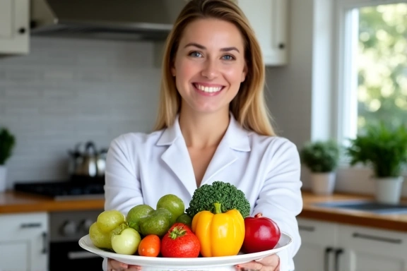 Una nutricionista sonriendo y mostrando alimentos saludables, simbolizando claridad y ayuda con las dudas frecuentes.