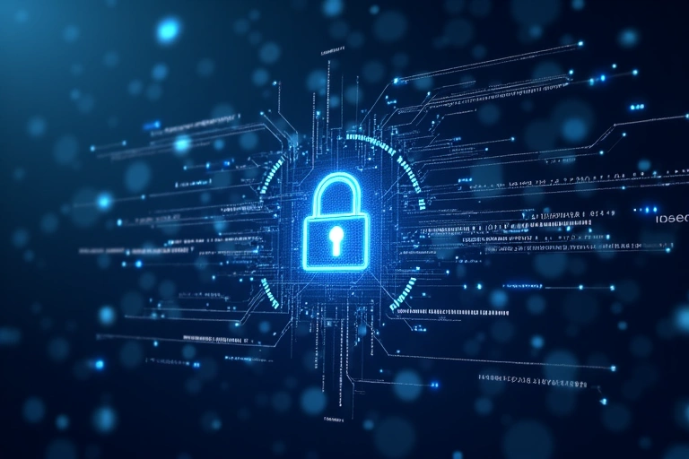 Secure data transmission with padlock icon and digital lines