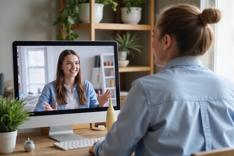 Nutricionista consultando con un cliente online, mostrando interacción y apoyo.