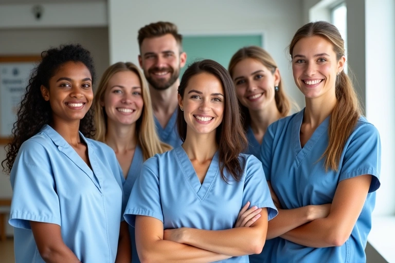 Retrato profesional de un equipo de nutricionistas sonriendo en un ambiente moderno y luminoso