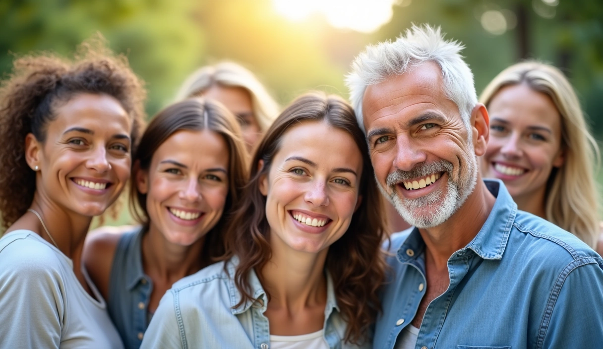 Grupo de personas sonriendo y mostrando vitalidad, simbolizando el éxito en sus metas de salud y bienestar.